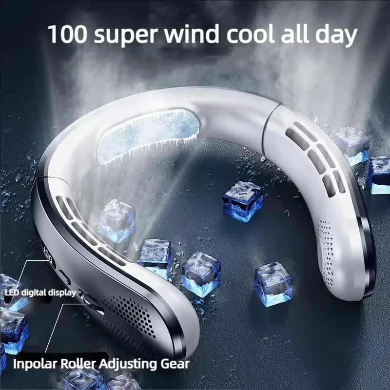 8000mAh Hanging Neck Fan Portable Bladeless USB Rechargeable Mute LED Digital Display Air Cooler Hands Free Fan for Home Outdoor
