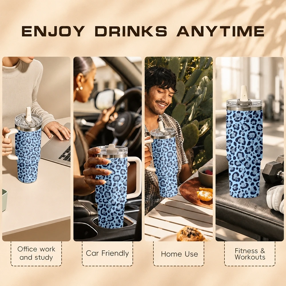 Leopard-Print Design Vacuum Flasks 40oz Stainless Steel Tumbler with Handle Straw Lid Vacuum Insulated Double Wall Leak Proof