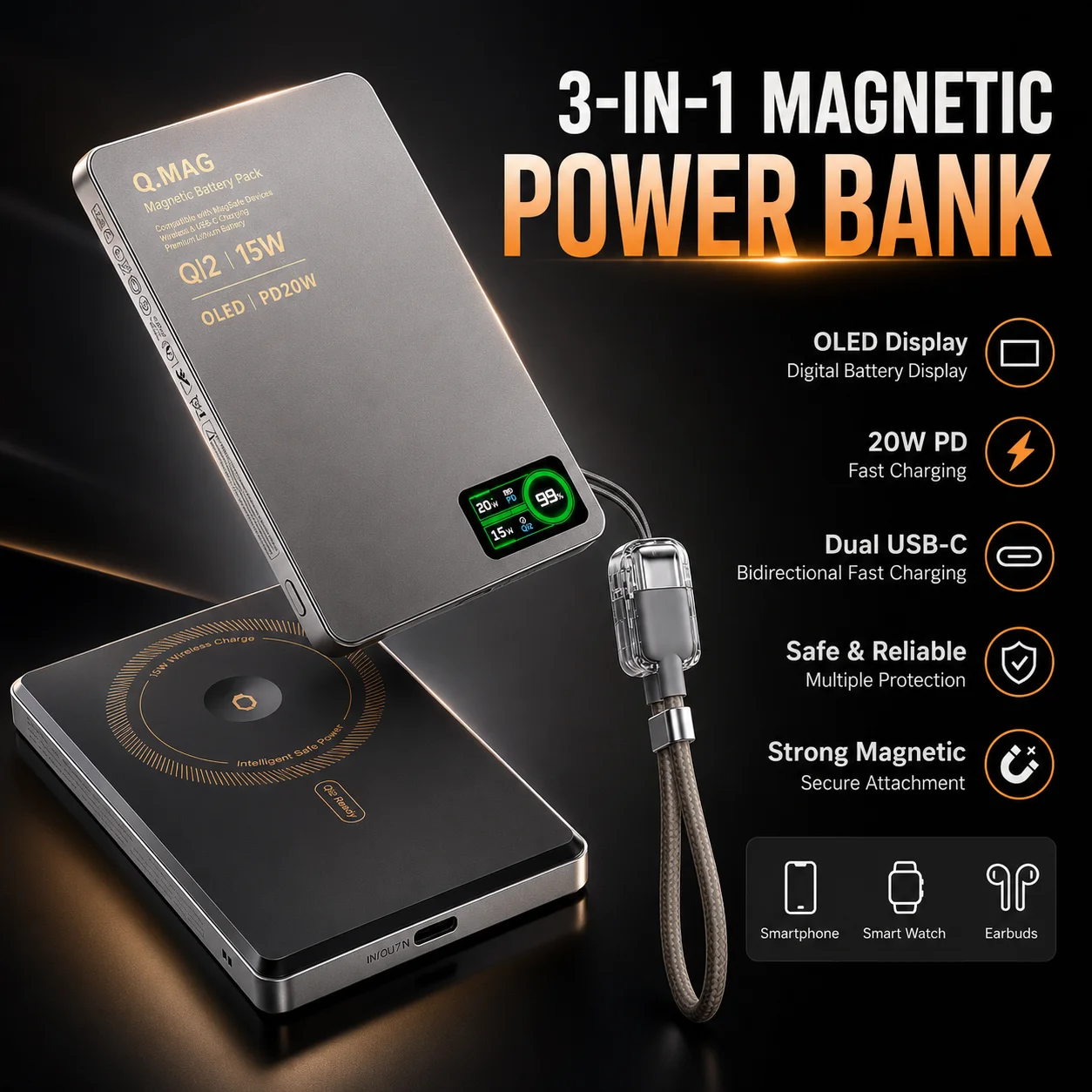 Wireless Magnetic Powerbank Fast Charing Spare Portable External Battery for iPhone 12-17 Promax Watch Airpods 5000/10000mAh