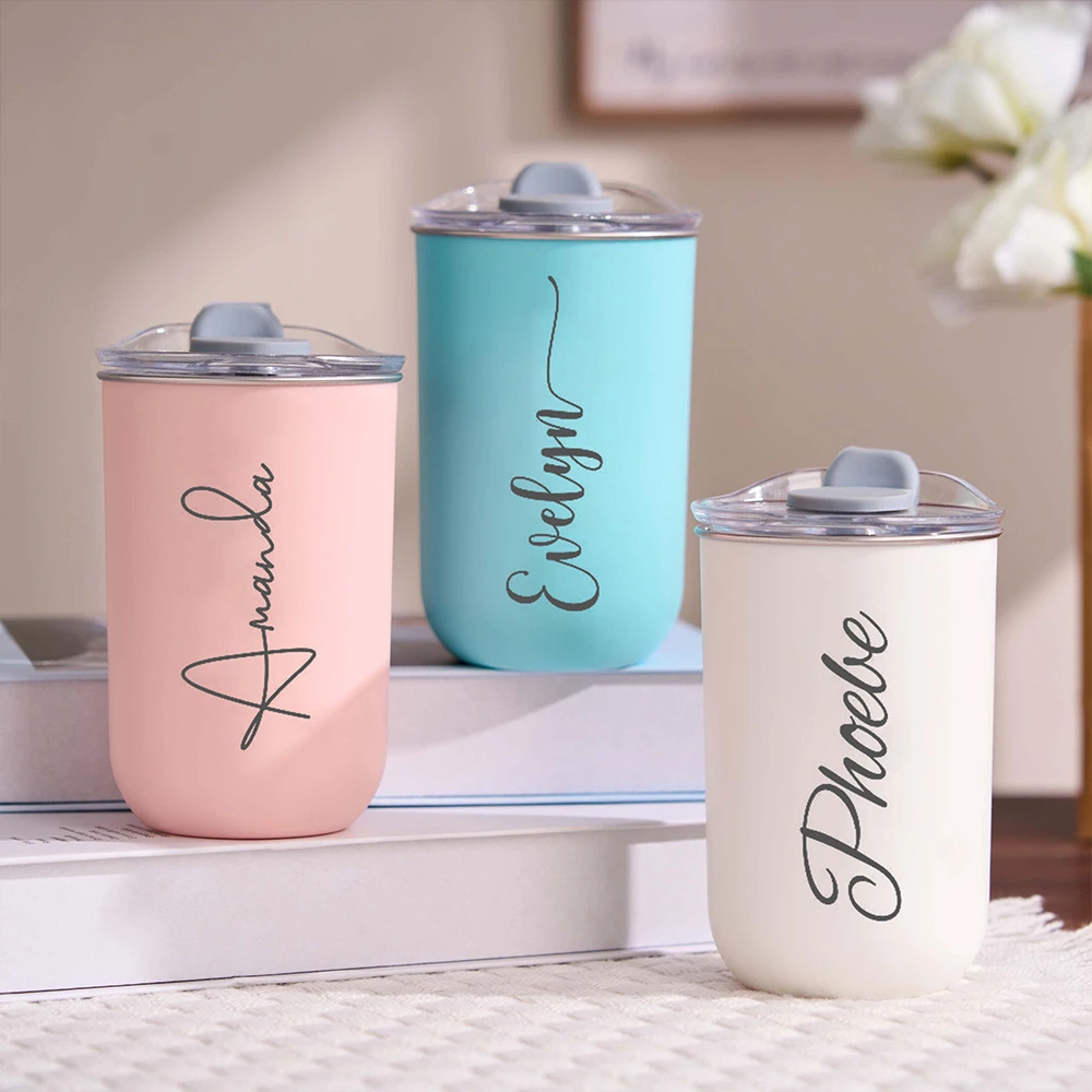 Customized Name Stainless Steel Coffee Cup Mug Juice Cup Personalized Letter Thermos Cup 300ml Milk Ice Cream Cup Holiday Gifts