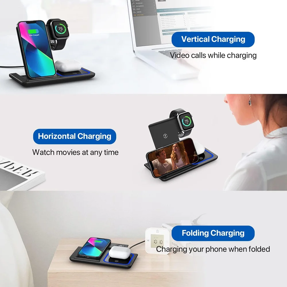 15W 3 in 1 LED Fast Wireless Charger Stand Foldable Charging Station For IPhone17-11 Apple Watch 9 8 7 6 5 Airpods Pro