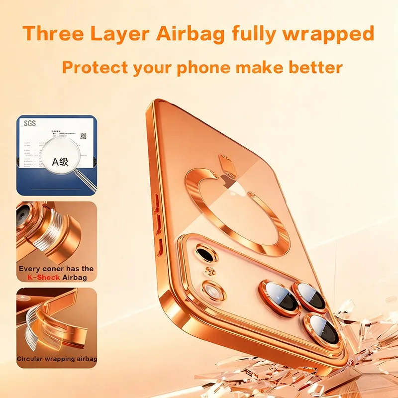 Fashion Orange Magnetic Clear Case For iPhone Air 18 17 16 15 14 13 12 11 Pro Max Plus Wireless Charge Plating Soft Cover