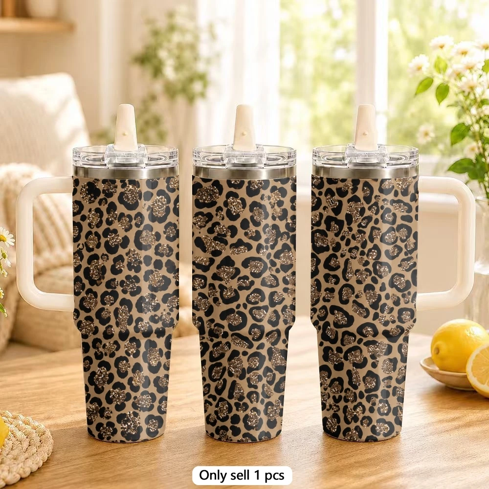 Leopard-Print Design Vacuum Flasks 40oz Stainless Steel Tumbler with Handle Straw Lid Vacuum Insulated Double Wall Leak Proof