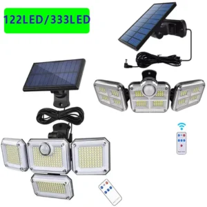 1 PACK Outdoor Motion Sensor Lamp, 4-Head Solar Power Light, 122 LED Solar Light, Flood Lights ,3000 Lumens,270° Lighting  Range