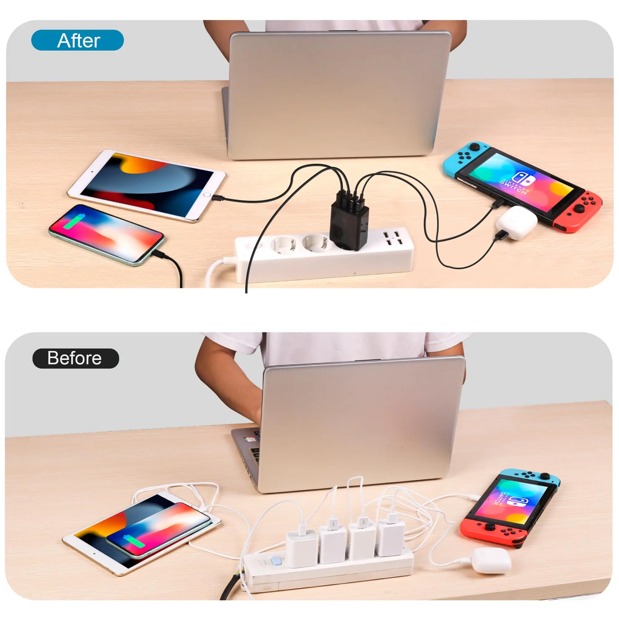 4-in-1 USB Fast Charger Station with QC3.0, Wide Voltage for Laptop iPhone Samsung Xiaomi iPad Switch AirPods MultiProtect