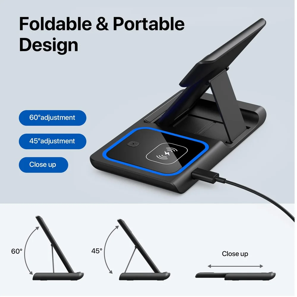 15W 3 in 1 LED Fast Wireless Charger Stand Foldable Charging Station For IPhone17-11 Apple Watch 9 8 7 6 5 Airpods Pro