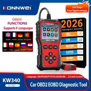 2026 KONNWEi KW340 Car CAN OBD2 EOBD Diagnostic Tool Engine Battery Test Read Fault Code Clear Real-Time Data O2 Inspection Tool