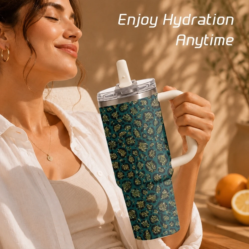 Leopard-Print Design Vacuum Flasks 40oz Stainless Steel Tumbler with Handle Straw Lid Vacuum Insulated Double Wall Leak Proof