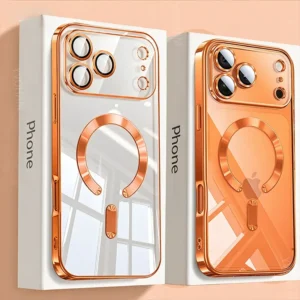 Fashion Orange Magnetic Clear Case For iPhone Air 18 17 16 15 14 13 12 11 Pro Max Plus Wireless Charge Plating Soft Cover