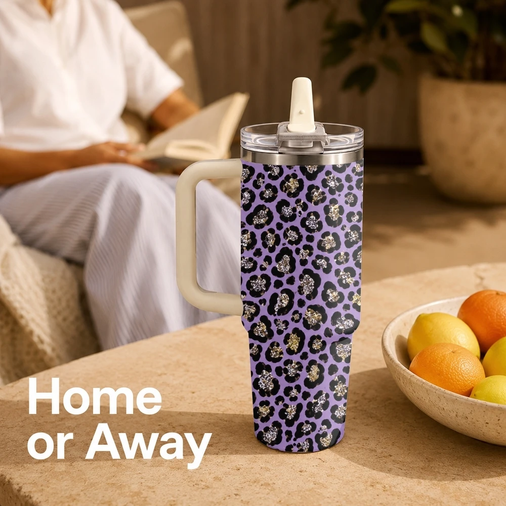 Leopard-Print Design Vacuum Flasks 40oz Stainless Steel Tumbler with Handle Straw Lid Vacuum Insulated Double Wall Leak Proof