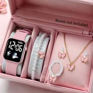 Square Electronic Watch Set with Beaded Butterfly Design and Spaceship Pattern Non-smartwatch Birthday Gift Without Box