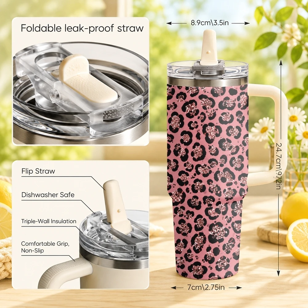 Leopard-Print Design Vacuum Flasks 40oz Stainless Steel Tumbler with Handle Straw Lid Vacuum Insulated Double Wall Leak Proof